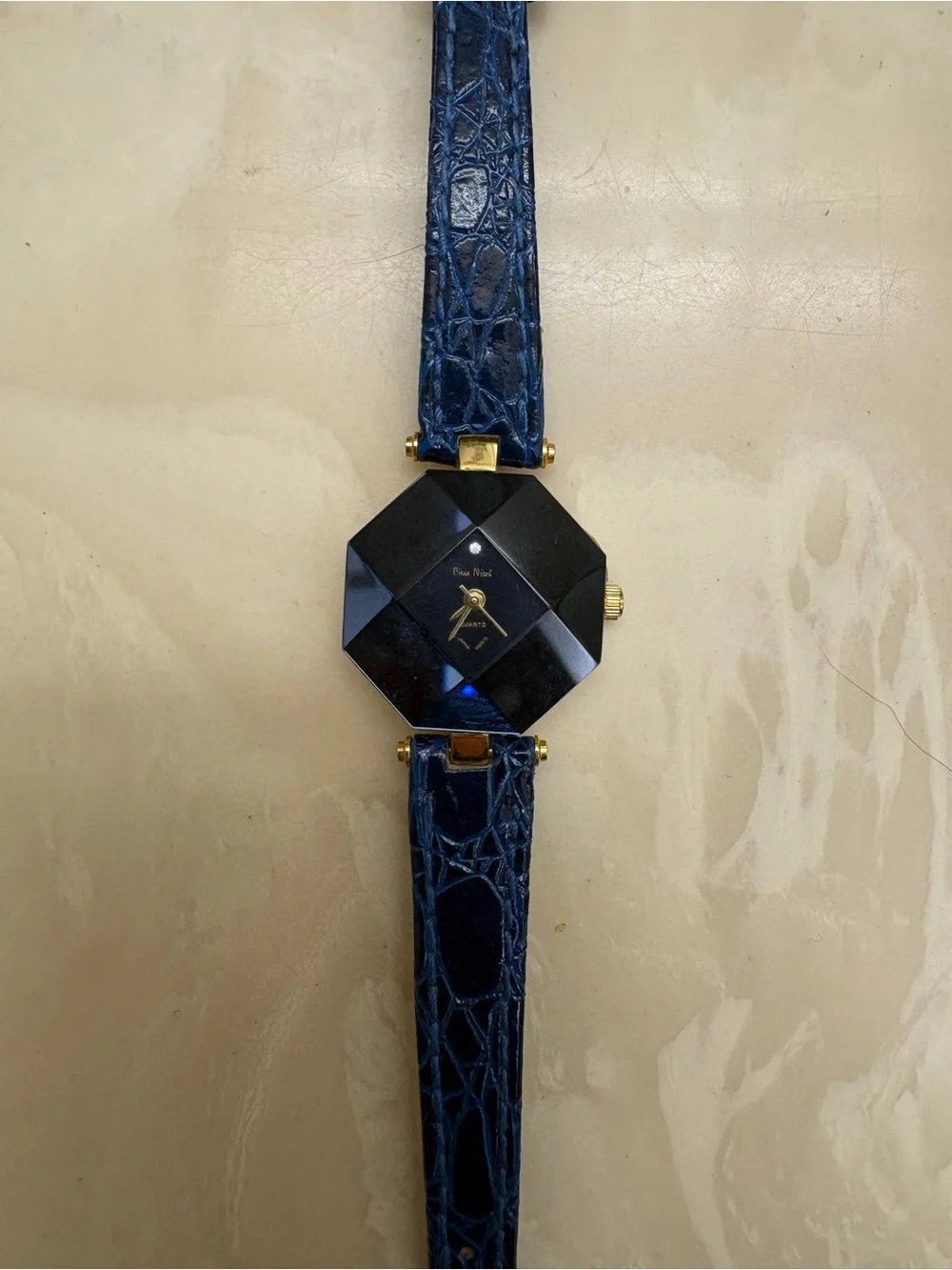 Vintage Pierre Nicol Faceted Black Watch with Blue Leather Strap